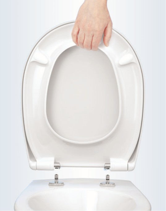 Toilet seat can be removed with one hand for easy and quick cleaning of the seat and toilet.