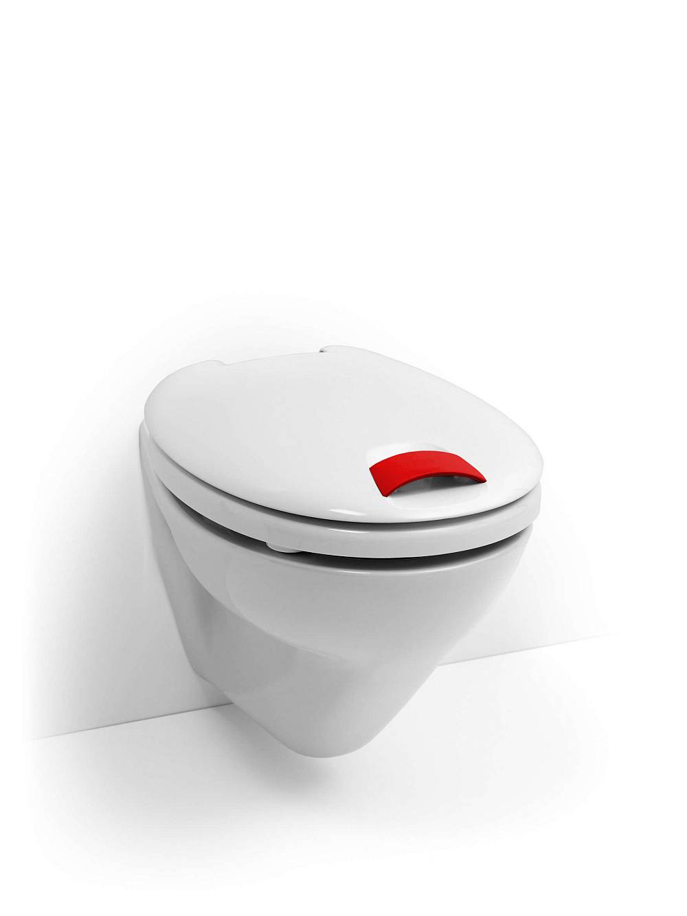 HAROMED WC-Sitz mit rotem Haltegriff.