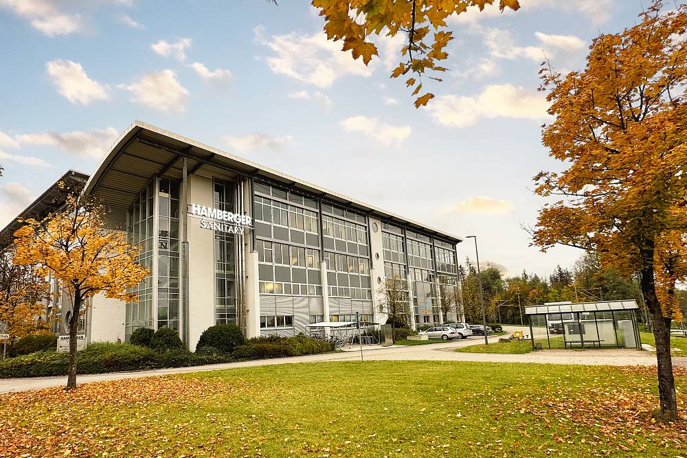 Exterior view of the Hamberger Sanitary head office and factory at the Rohrdorf production site in Germany.