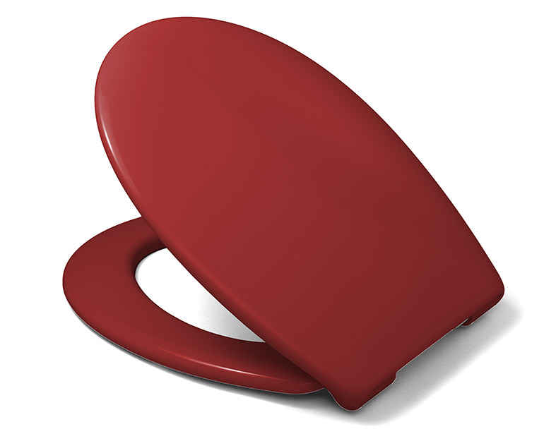 Plastikten yapılmış kırmızı klozet kapağı, banyoda görsel bir vurgu sağlar.