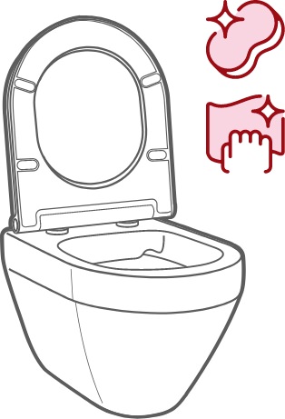 When cleaning your toilet seat, use normal household cleaning products and clean water. Do not use aggressive cleaning products. Image as an illustration of the right way to clean a toilet seat with a damp cloth and without aggressive cleaning products