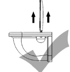 When taking off the toilet seat, ensure that the toilet lid and seat are opened perpendicular to the ceramic. Side view of the correct removal of a toilet seat with TakeOff® feature.