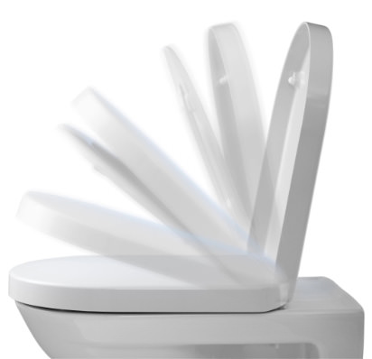 With our SoftClose® Original automatic closing system, your toilet seat will close quietly and gently. Image of a gently closing toilet seat with SoftClose® automatic closing system.