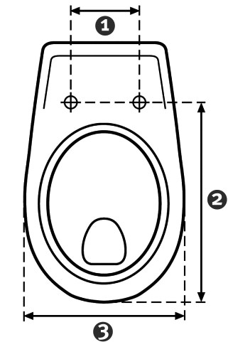 Nehmen Sie Maße von der Länge, der Breite und dem Abstand zwischen den Befestigungslöchern Ihres WCs, um die geeignete Größe des WC-Sitzes zu bestimmen. Skizze einer Toilette mit den zentralen Maßen zur Bestimmung der WC-Sitz Größe
